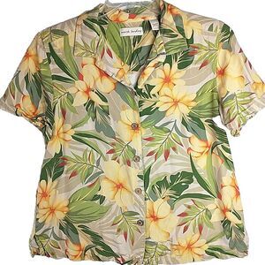 Marsh Landing Womens Size L Hawaiian Floral Yellow Shirt Button Up Blouse